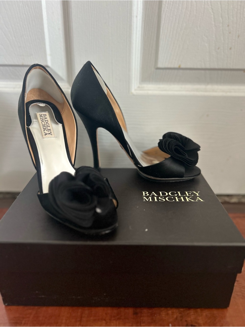 Badgley Mischka Black Satin Peep-Toe Heels with Rosette